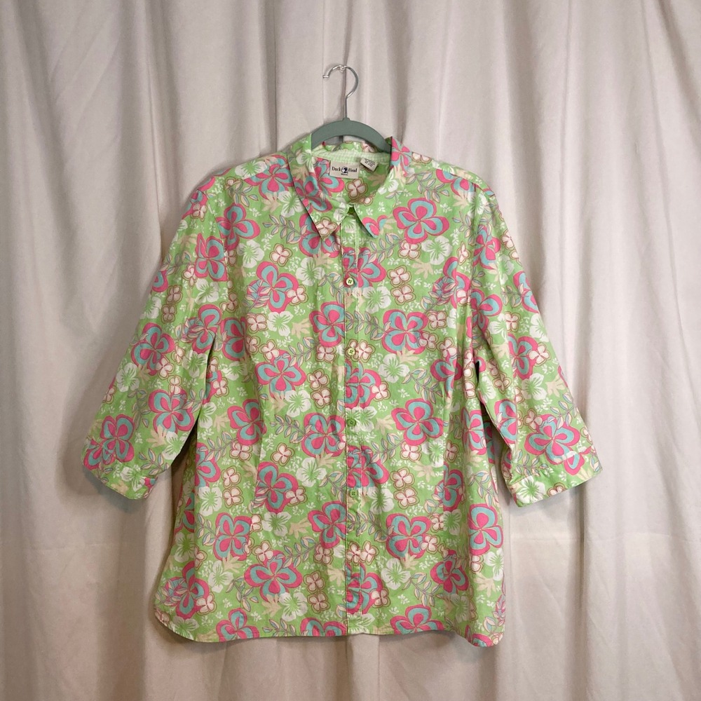 VTG 90s Y2K Duck Head Woman Floral Button Front Shirt 1X Green Pink Retro Mod